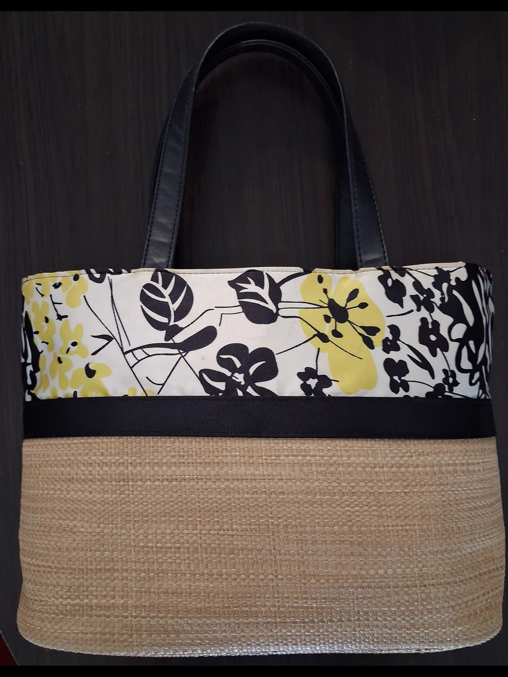 Canvas & Straw Floral Tote Bag in Yellow and Black
